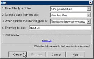 Using the Link dialog, specify the link's destination in line 2, then click Create.